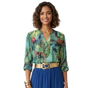 Vibrant Abstract Mixed Print Tunic - Boho Artsy Roll-Tab Sleeve Top M
